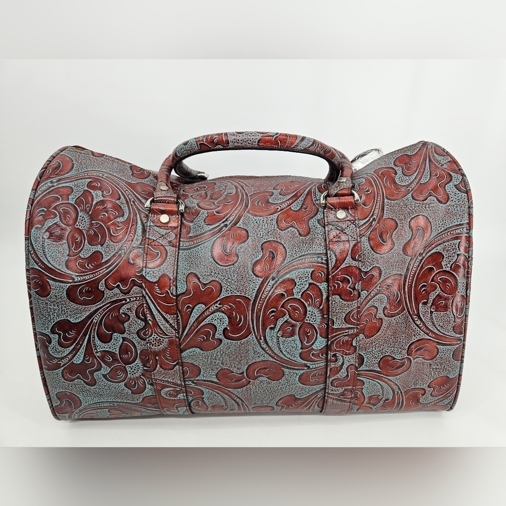 Wilson Leather Pelle Studio HAND TOOLDED Brown & Blue Leather Carry On Duffle - Picture 8 of 12